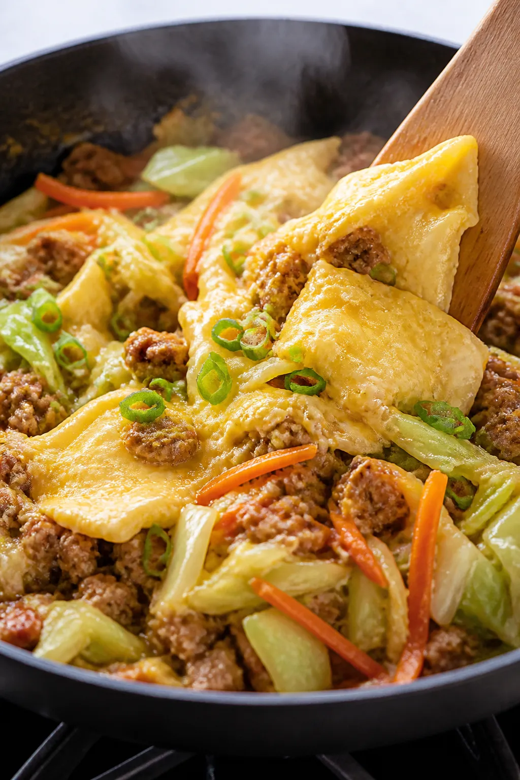 Close-up detail: Silky scrambled eggs being folded into browned ground pork and crisp-tender cabbage