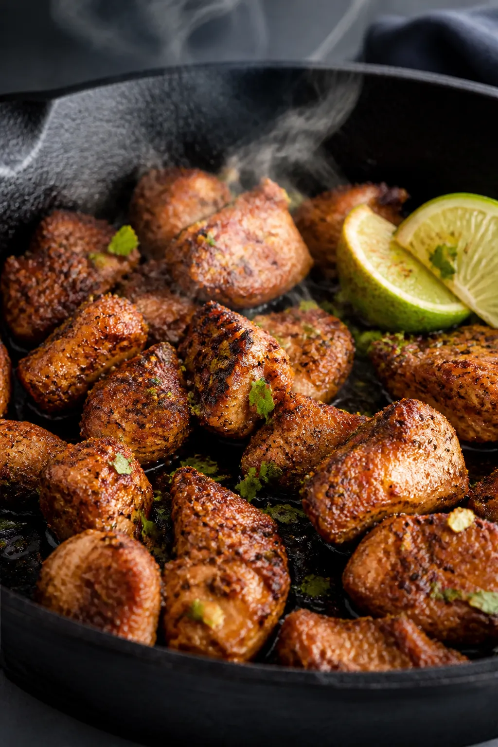 Close-up detail: Sizzling, bite-size pork pieces just seared in a cast-iron skillet, edges deeply br