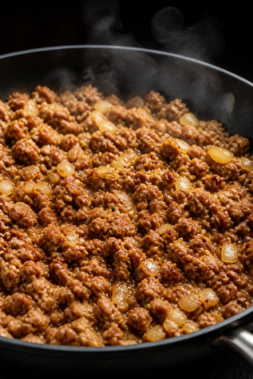 Close-up detail: Sizzling browned lean ground pork in a wide nonstick skillet, mixed with softened d