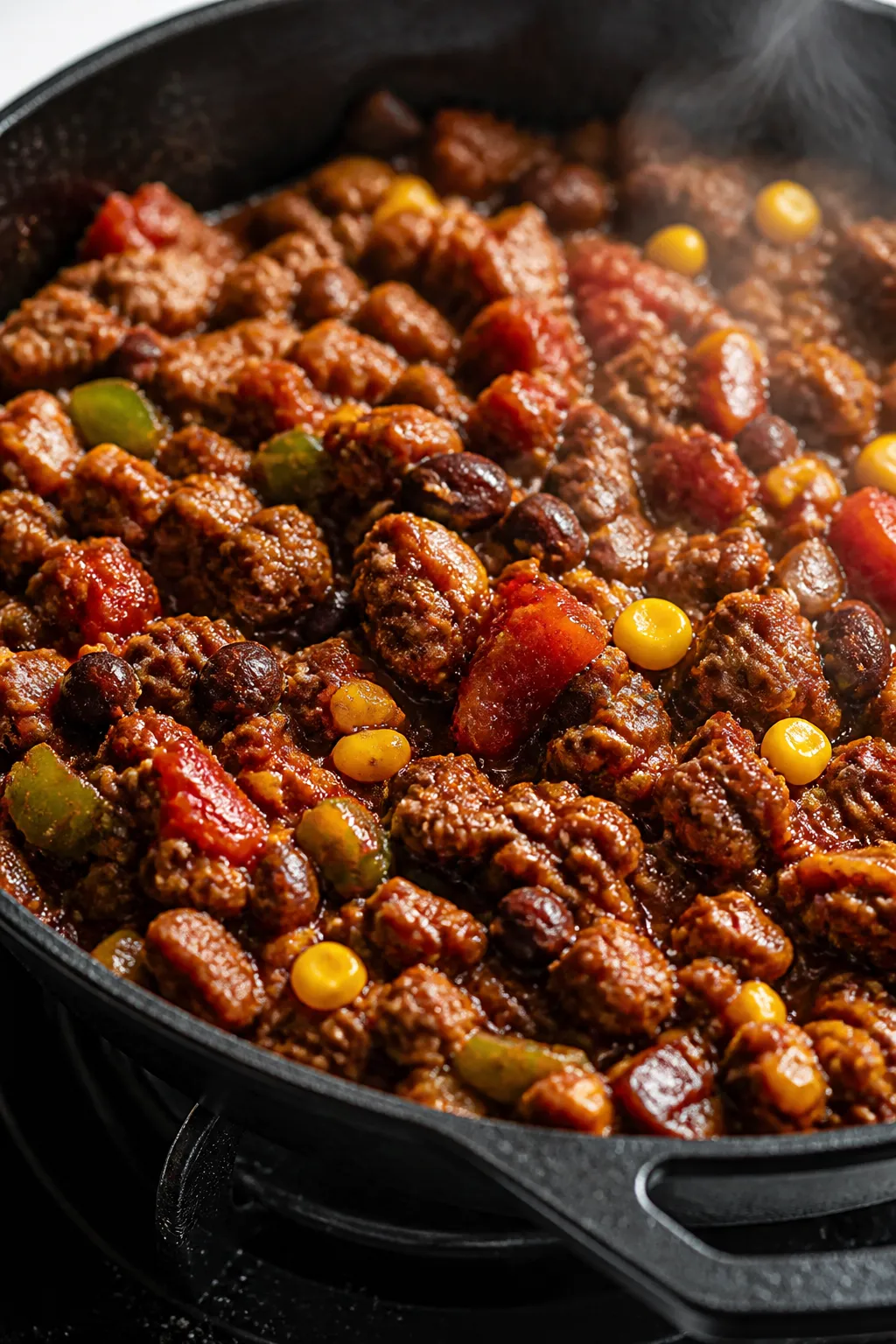 Close-up detail: Sizzling taco-seasoned ground beef simmering with fire-roasted diced tomatoes, blac