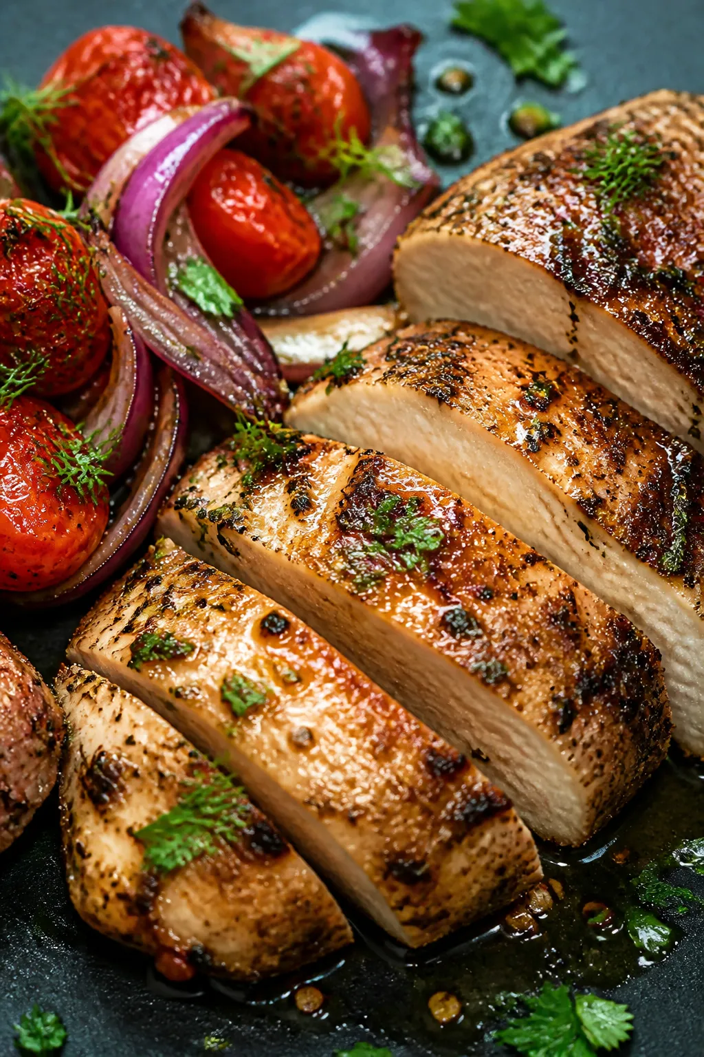 Close-up detail — Sliced chicken showing ultra-juicy interior and lightly charred, herb-flecked ex