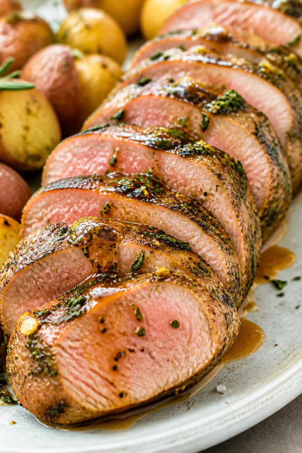 Close-up detail: Sliced garlic-herb pork tenderloin medallions just after resting, showing juicy blu