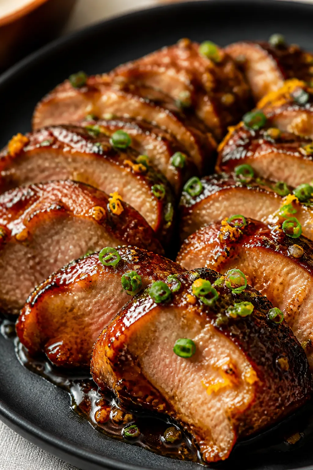 Close-up detail: Sliced honey garlic pork tenderloin medallions just after resting, glistening with 