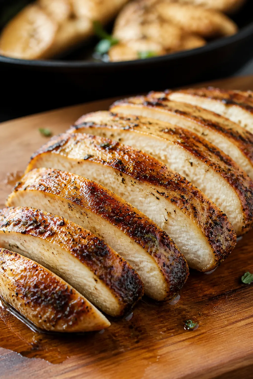 Close-up detail: Sliced, juicy Italian-seasoned chicken breast resting on a cutting board right afte