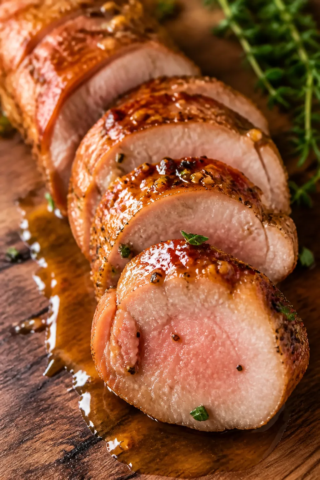 Close-up detail: Sliced maple Dijon pork tenderloin resting on a cutting board, showing juicy 1/2-in