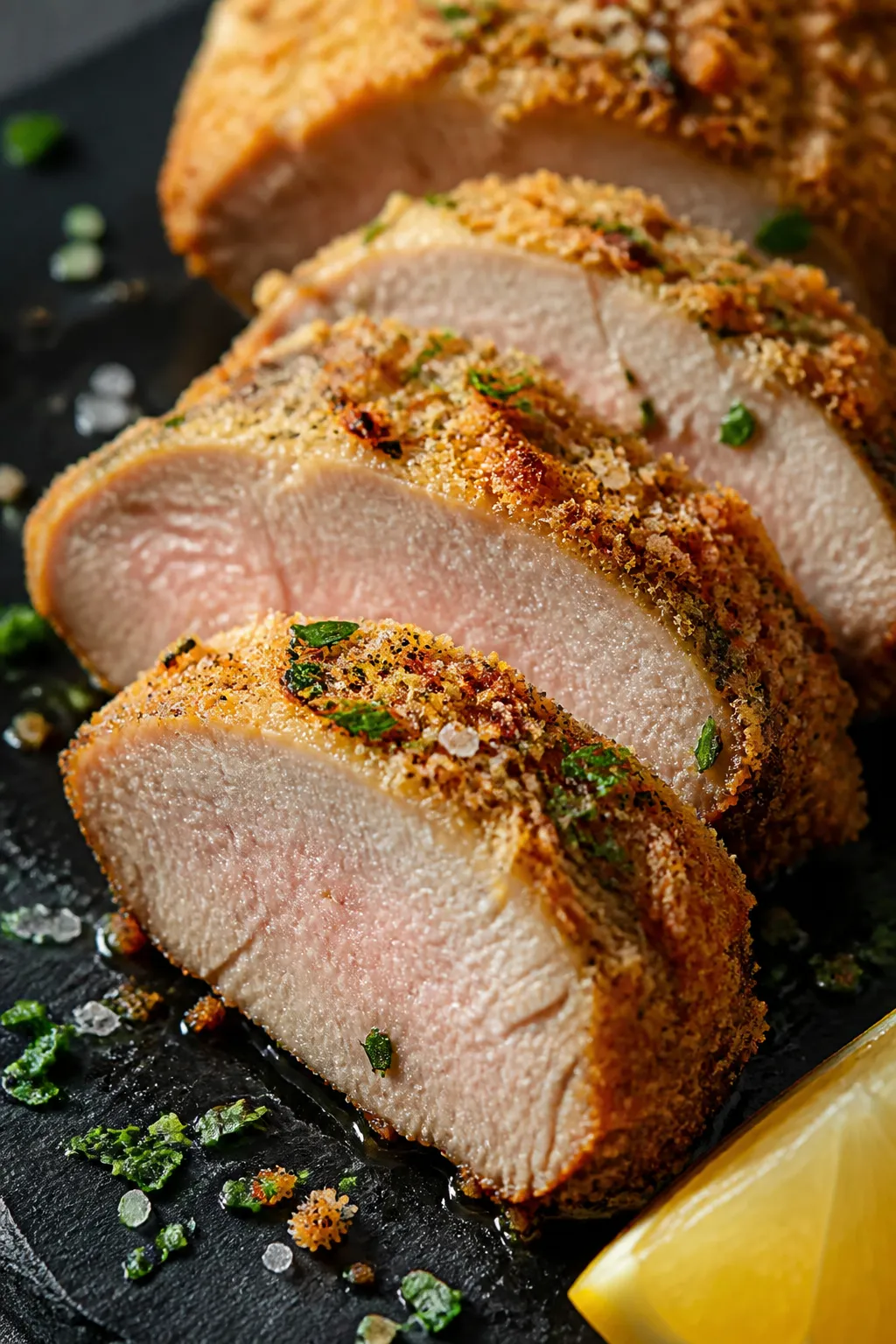 Close-up detail: Sliced Parmesan-crusted pork tenderloin medallions just after resting, showing ultr