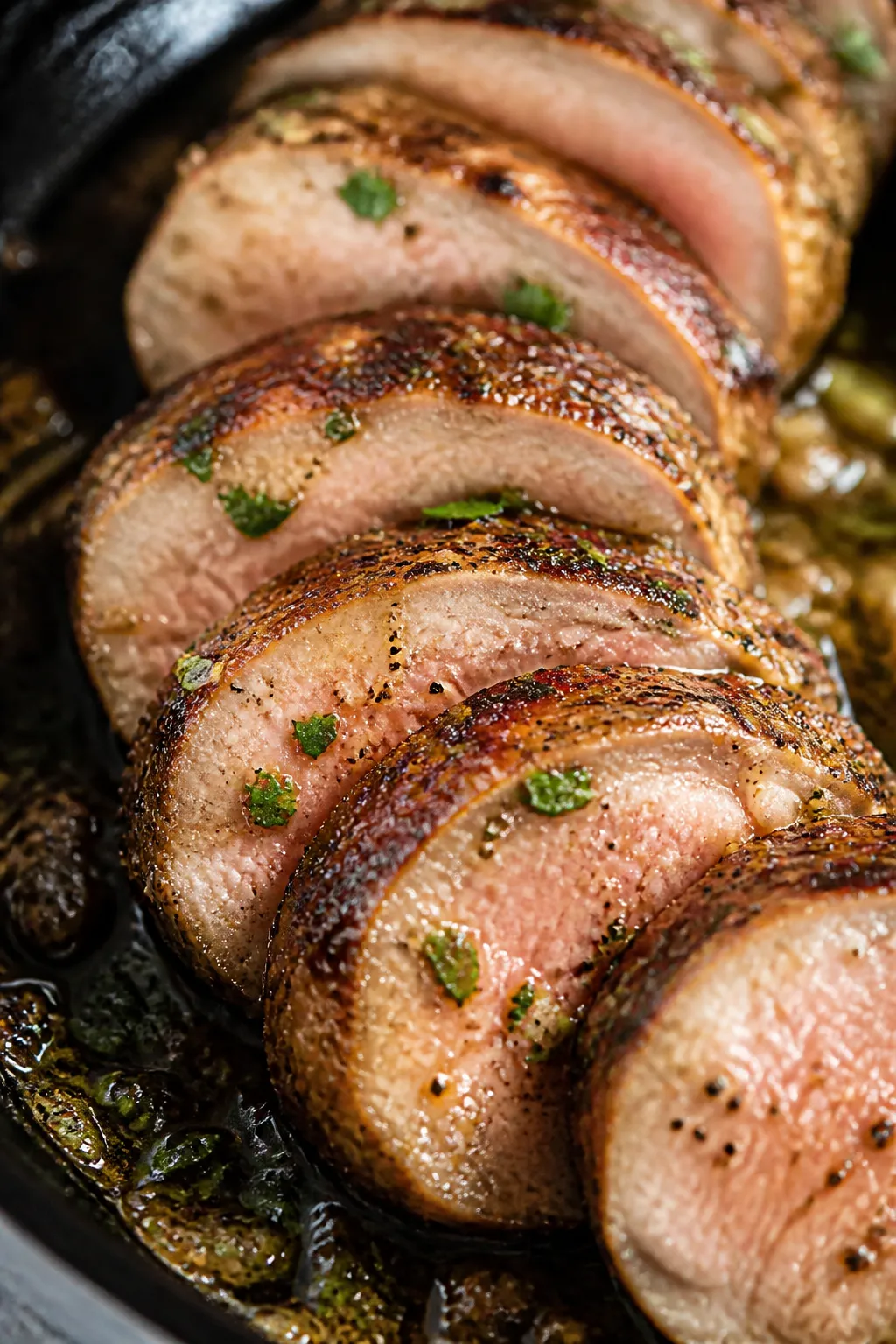 Close-up detail: Sliced pork tenderloin medallions with a deep golden seared crust and slightly pink