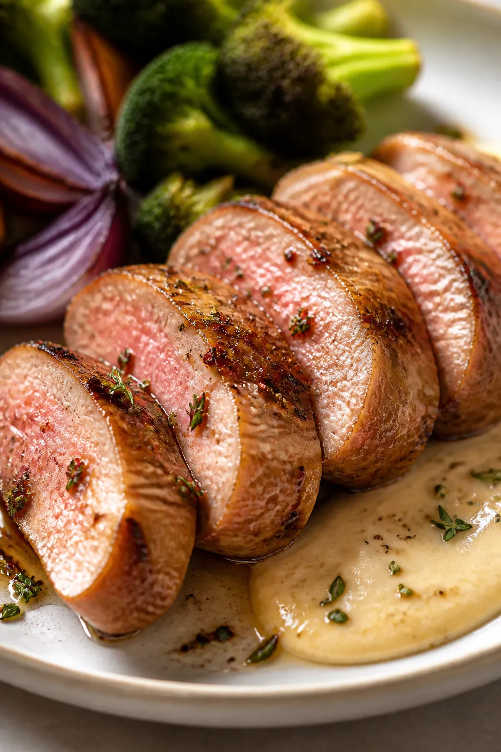 Close-up detail: Sliced pork tenderloin medallions just after resting, perfectly cooked to 145°F wi