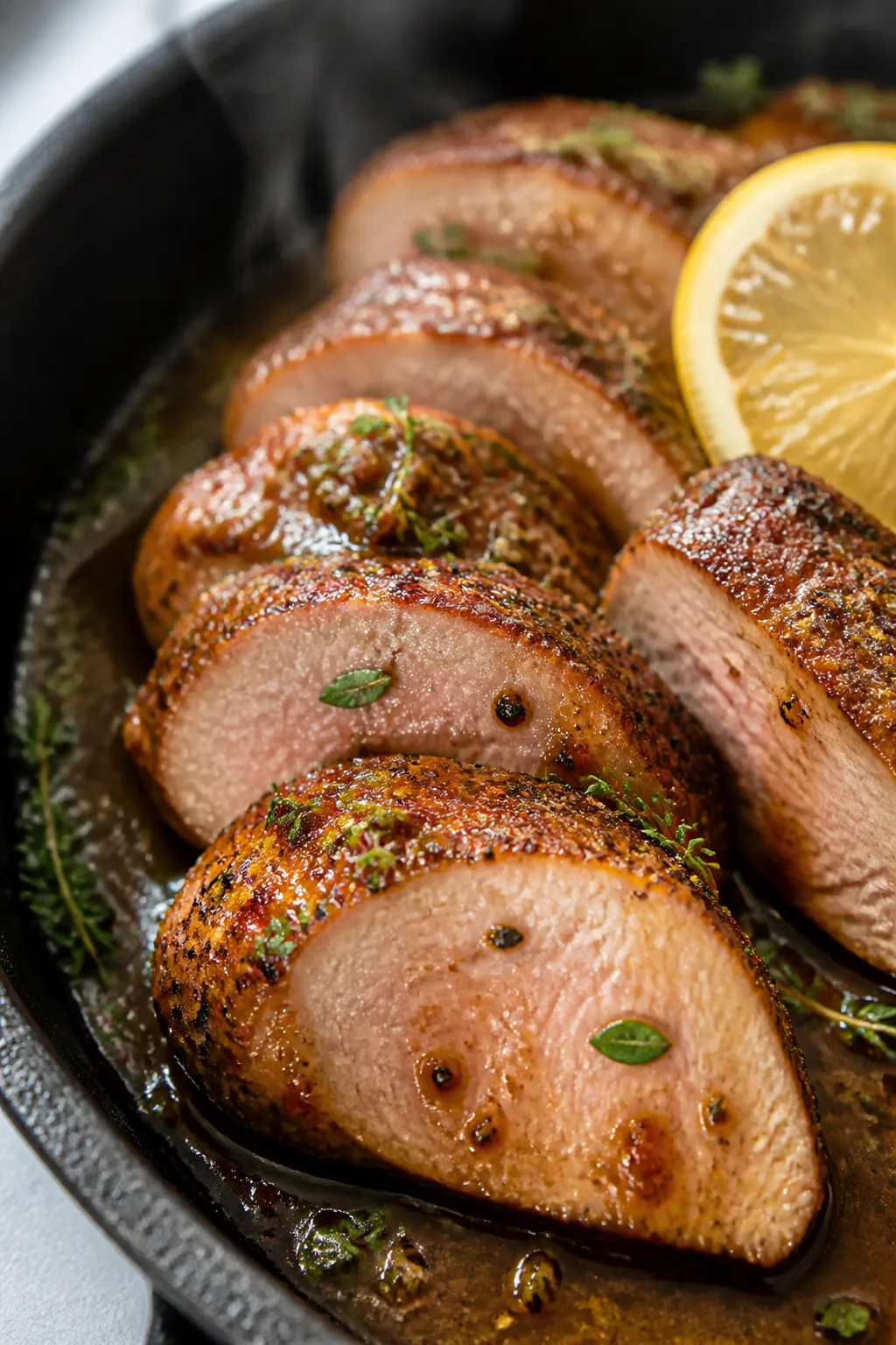 Close-up detail: Sliced pork tenderloin medallions with a blush-pink center and a deep, caramelized