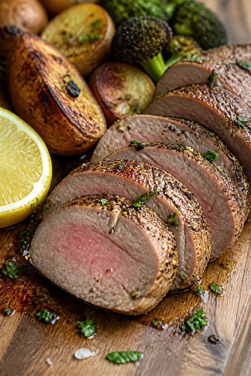 Close-up detail: Sliced pork tenderloin medallions (1/2-inch thick) fanned on a cutting board with v