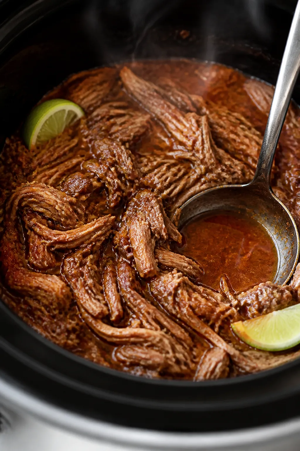 Close-up detail: Tender, fully cooked pulled pork just after shredding, glistening strands tossed ba