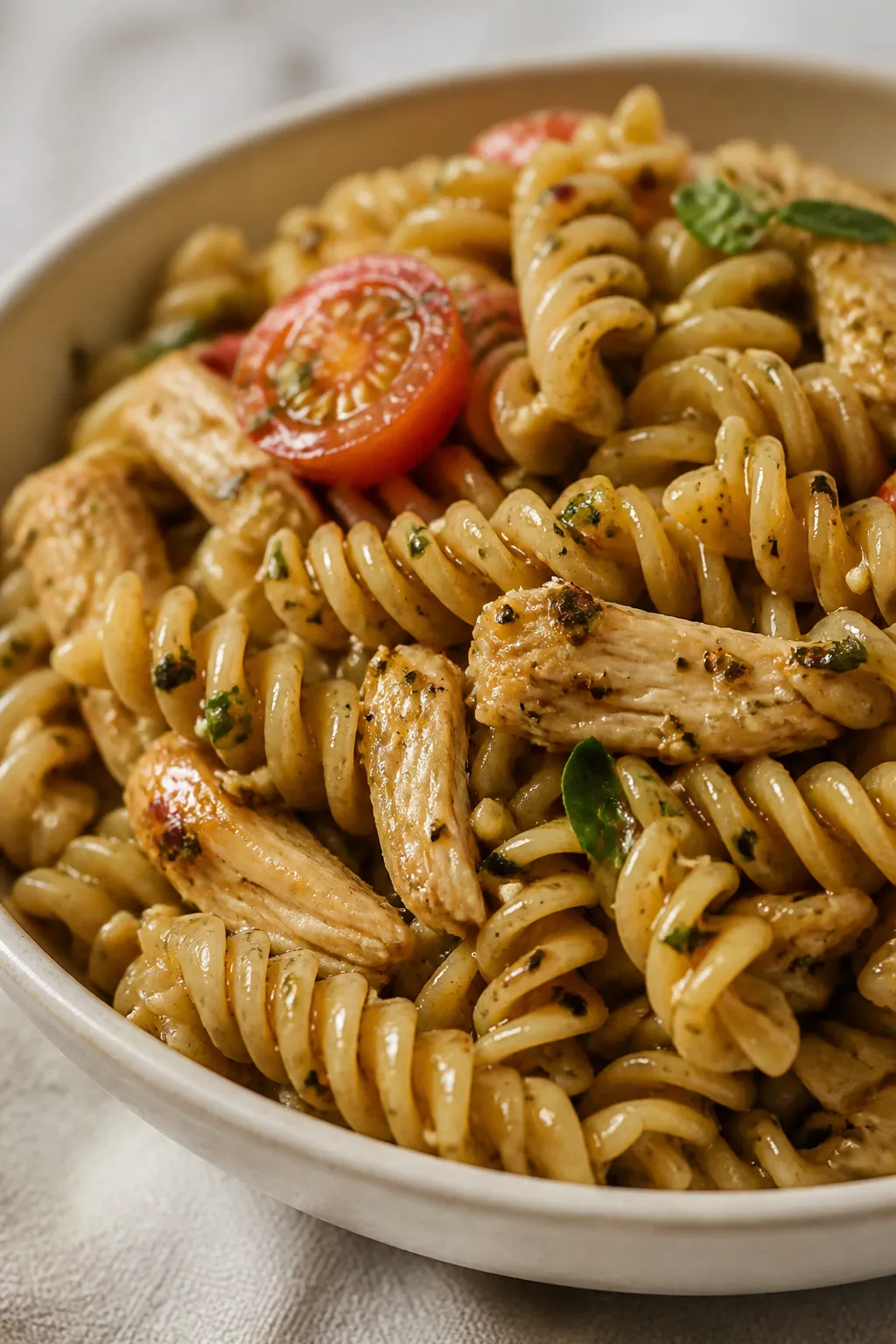 Close-up detail: Warm rotini pasta tossed in glossy balsamic-olive oil dressing with visible flecks