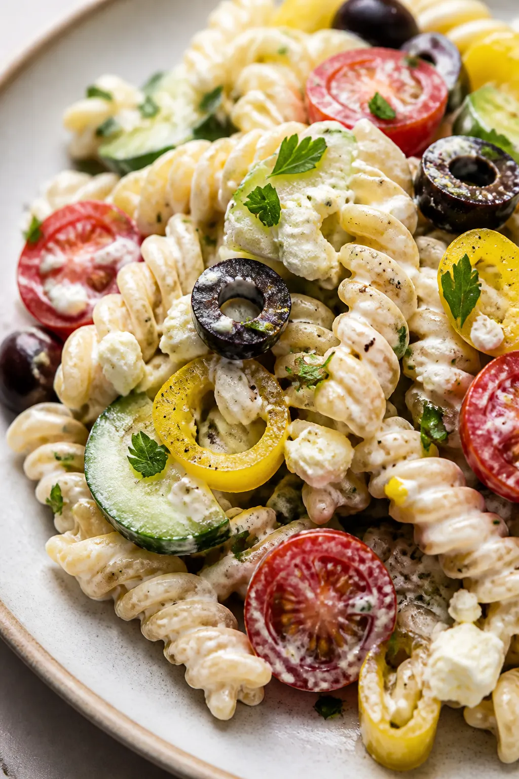 Close-up final plate: Tight macro of a single serving of the pasta salad on a matte ceramic plate; f