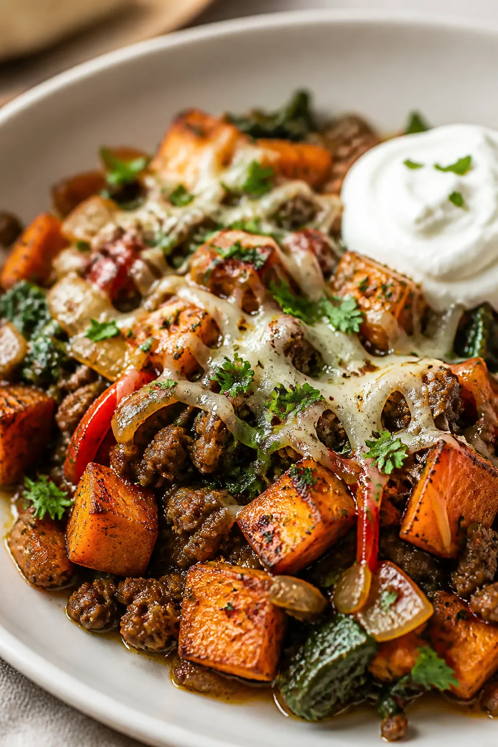 Close-up plated presentation: Tight macro of a single serving of ground beef sweet potato hash plate