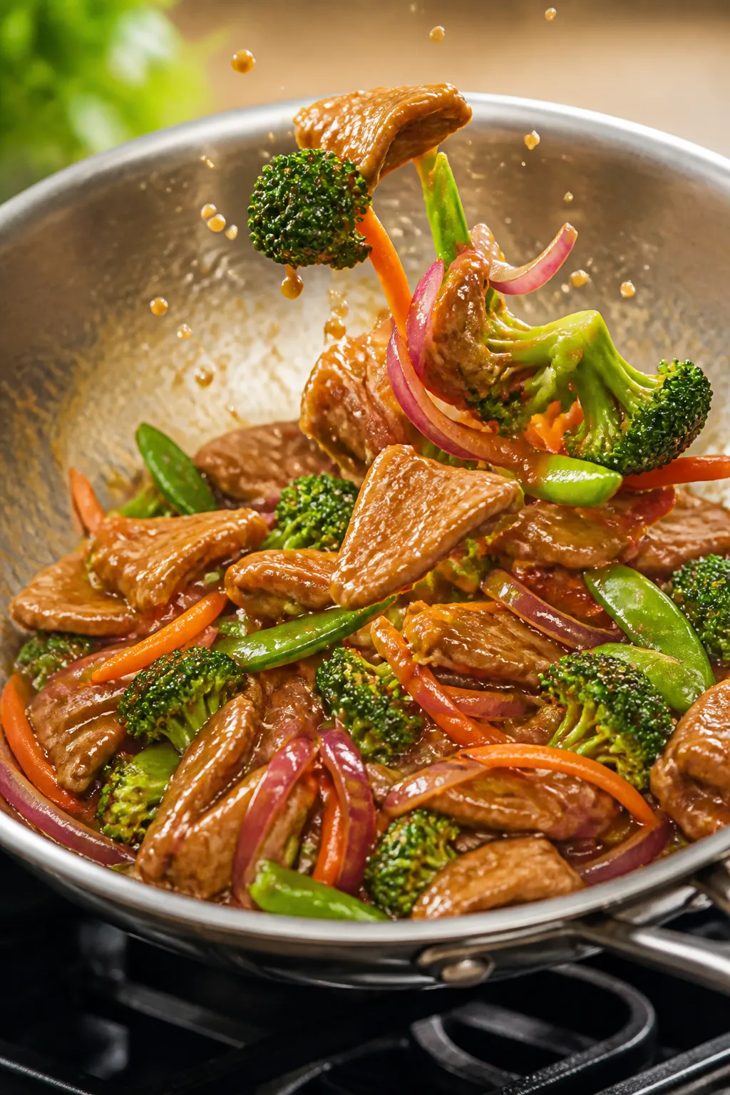 Cooking process action: Healthy pork stir fry mid-toss in a stainless steel skillet—vegetables sta