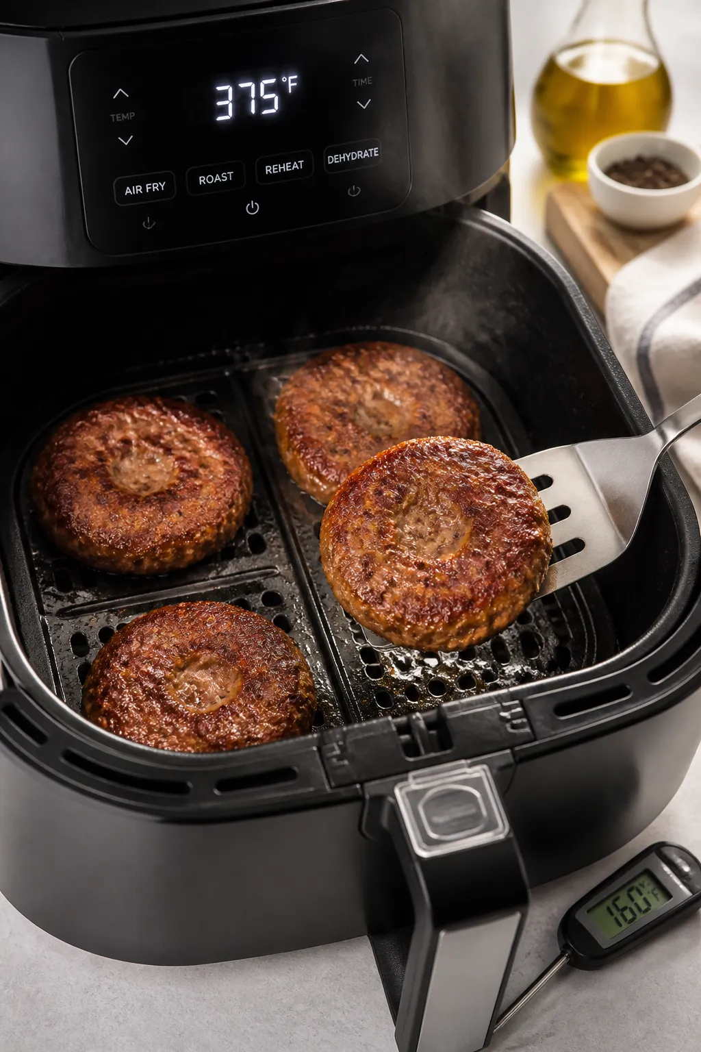 Cooking process: Air fryer basket at 375°F with four 1/2-inch patties spaced apart, mid-cook flip m