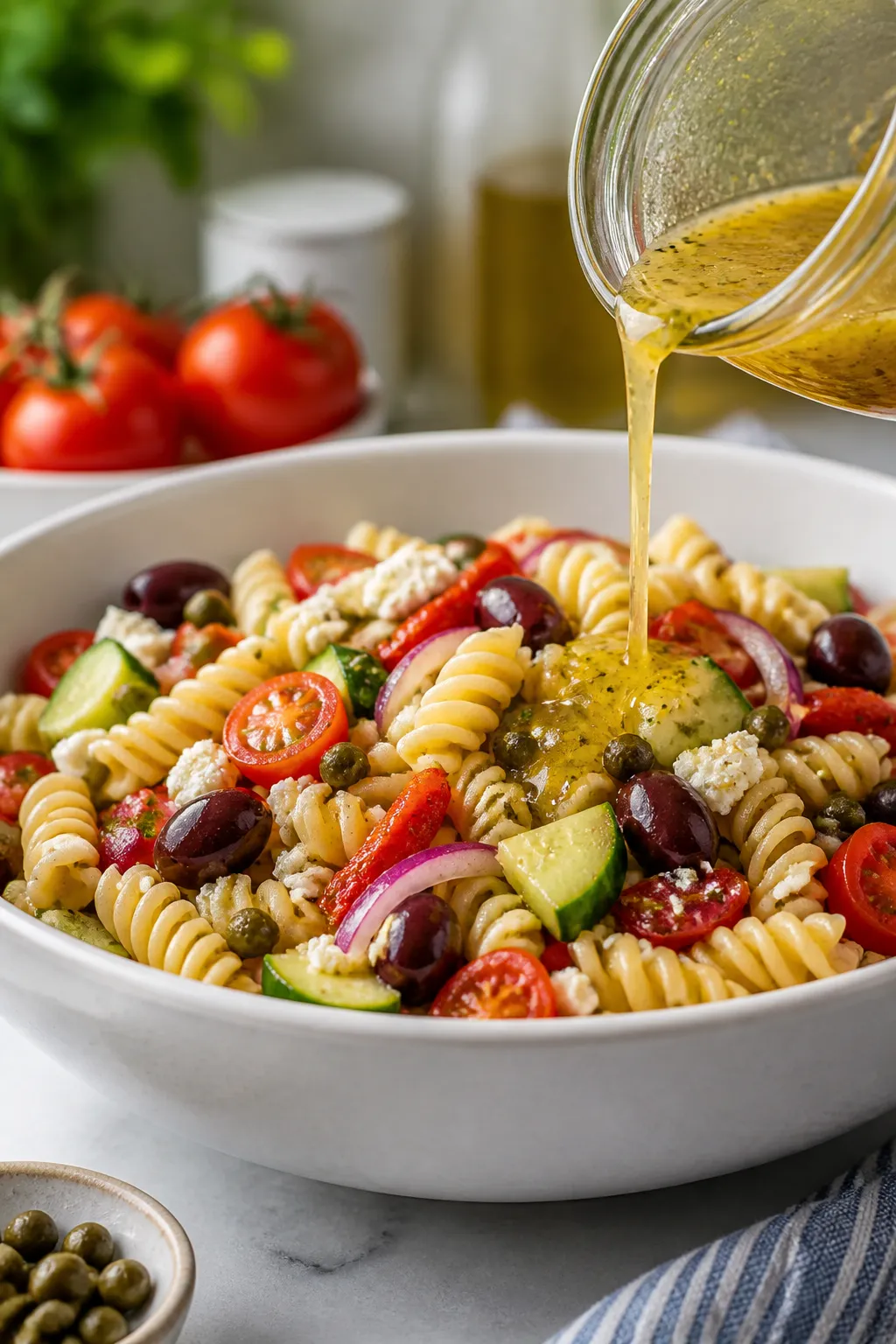 Cooking process: Al dente fusilli just drained and rinsed, steaming slightly in a colander over a si
