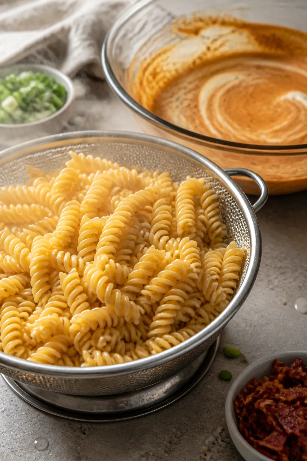 Cooking process: Al dente rotini being drained and rinsed in a colander, steam fading, water droplet