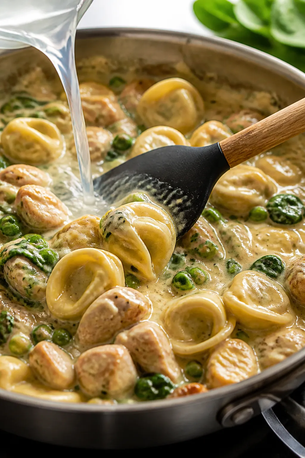Cooking process: Bite-sized chicken and just-cooked cheese tortellini being folded together in the f