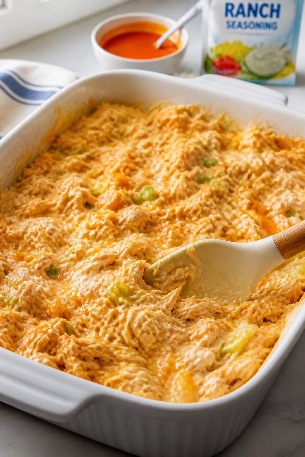 Cooking process â Buffalo chicken casserole being assembled: a 9x13 white ceramic baking dish fill
