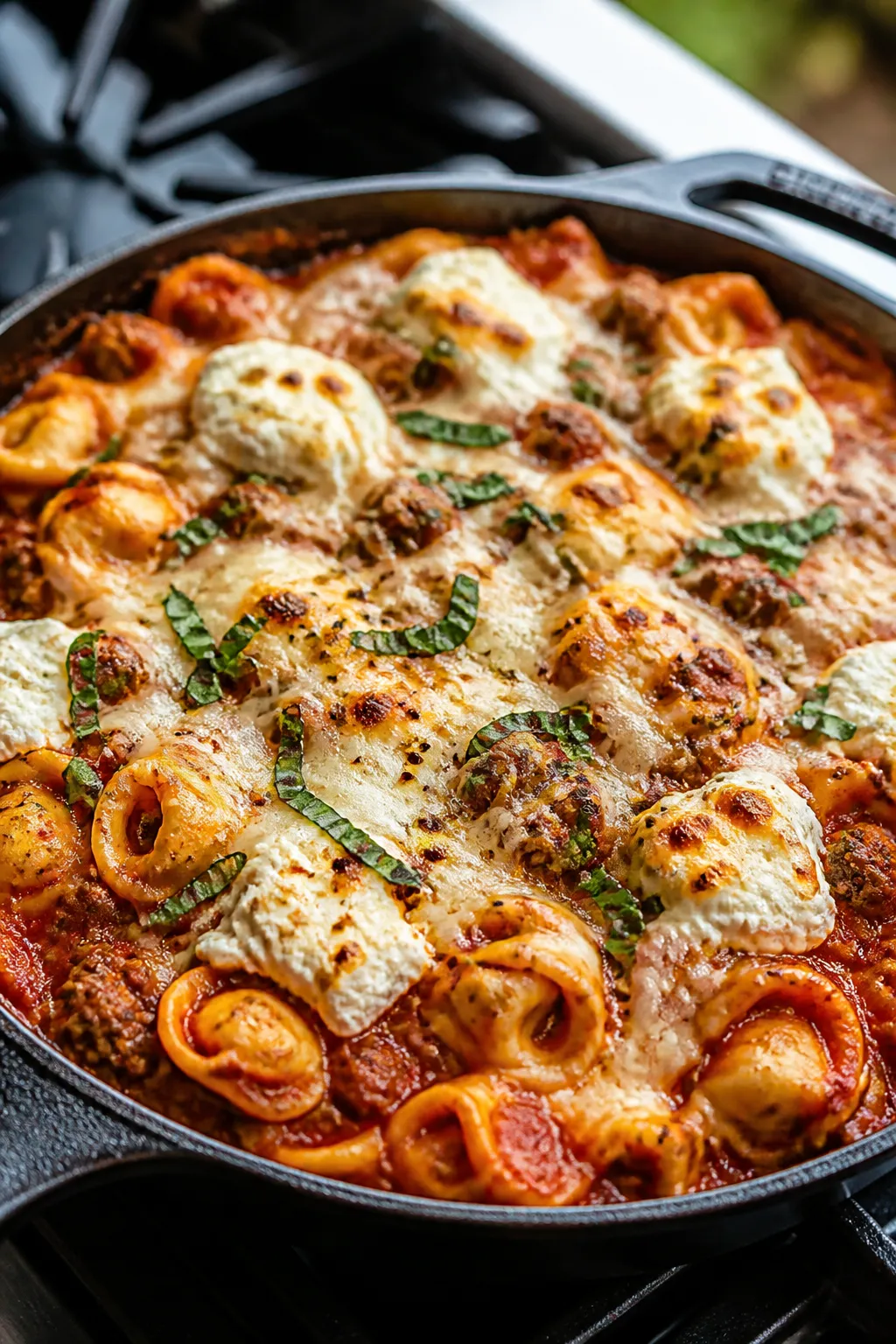 Cooking process close-up: A bubbling oven-safe skillet of ground beef tortellini bake just pulled fr