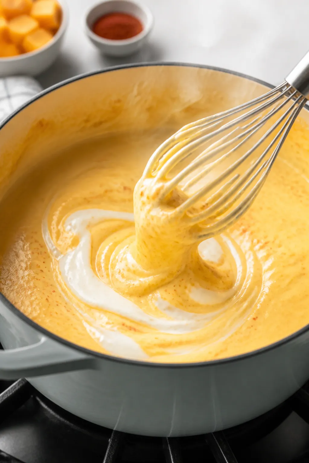 Cooking process close-up: A large enameled pot on the stovetop with glossy, velvety cheese sauce bei