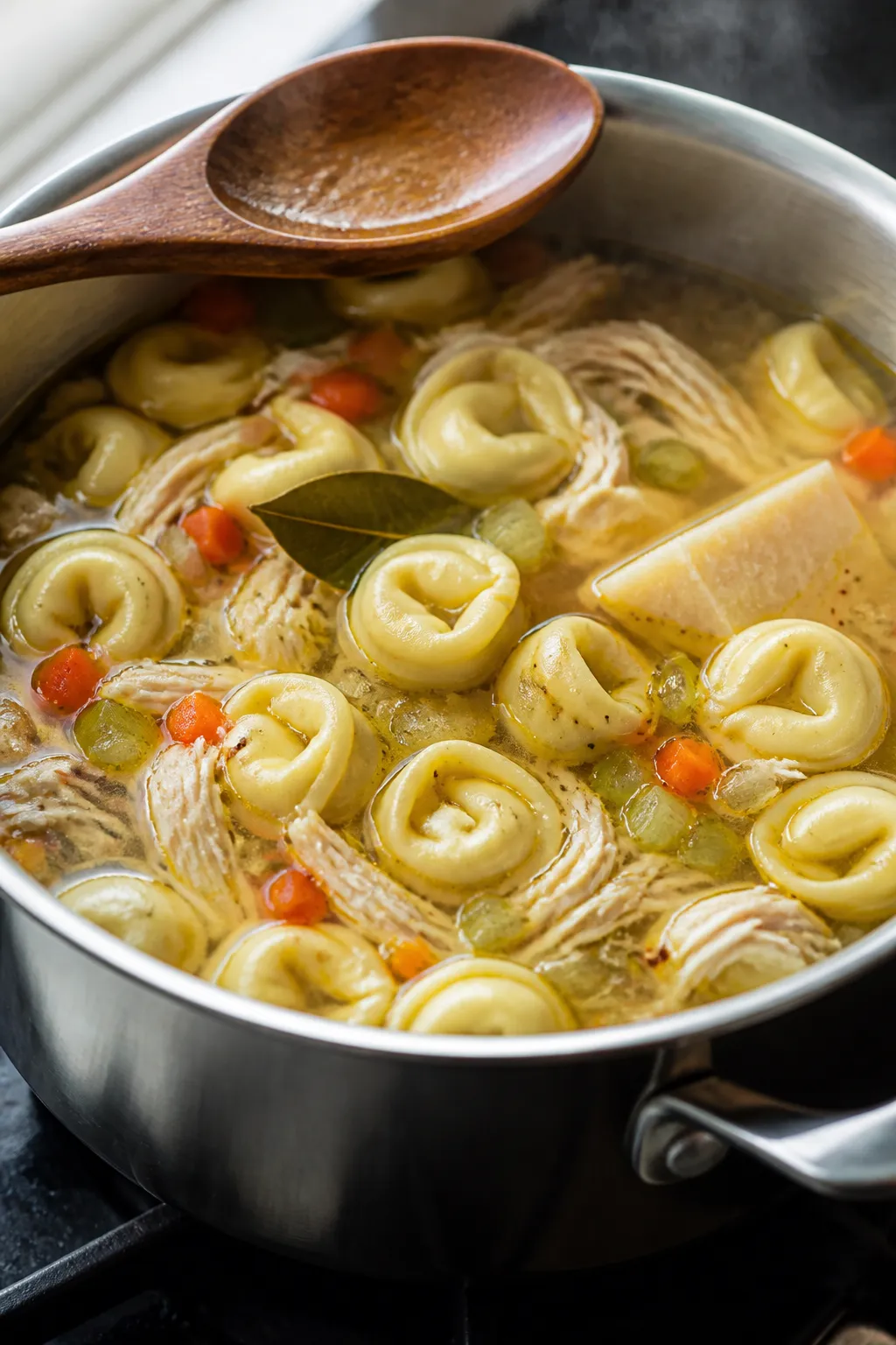Cooking process close-up: A simmering pot of chicken tortellini soup mid-cook, showing plump cheese
