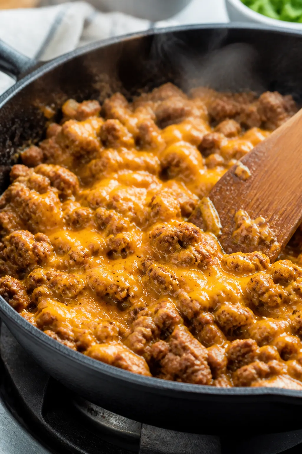 Cooking process close-up: A skillet of browned, seasoned ground beef just after melting shredded che
