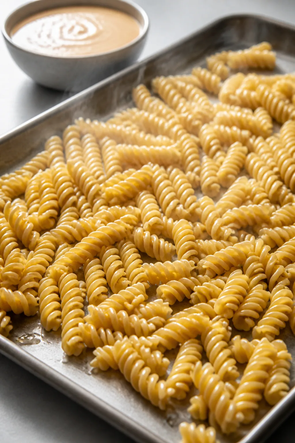 Cooking process, close-up: Al dente protein rotini just rinsed and spread on a sheet pan to dry, dro