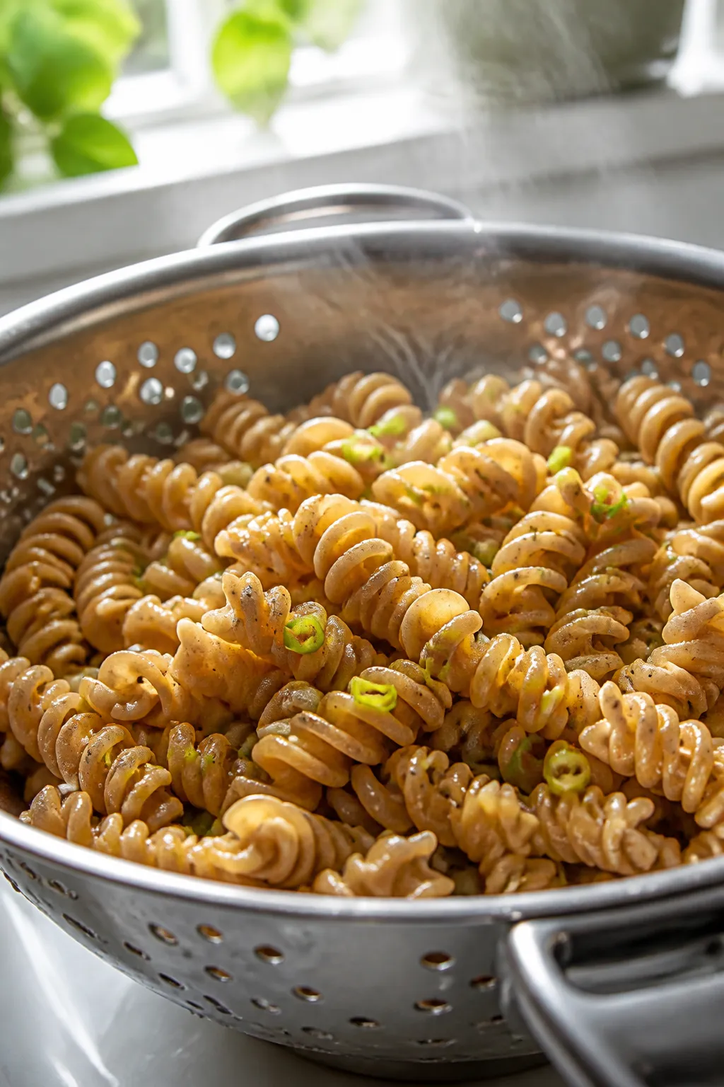Cooking process close-up: Al dente whole wheat rotini just drained and rinsed, steam rising, glossed