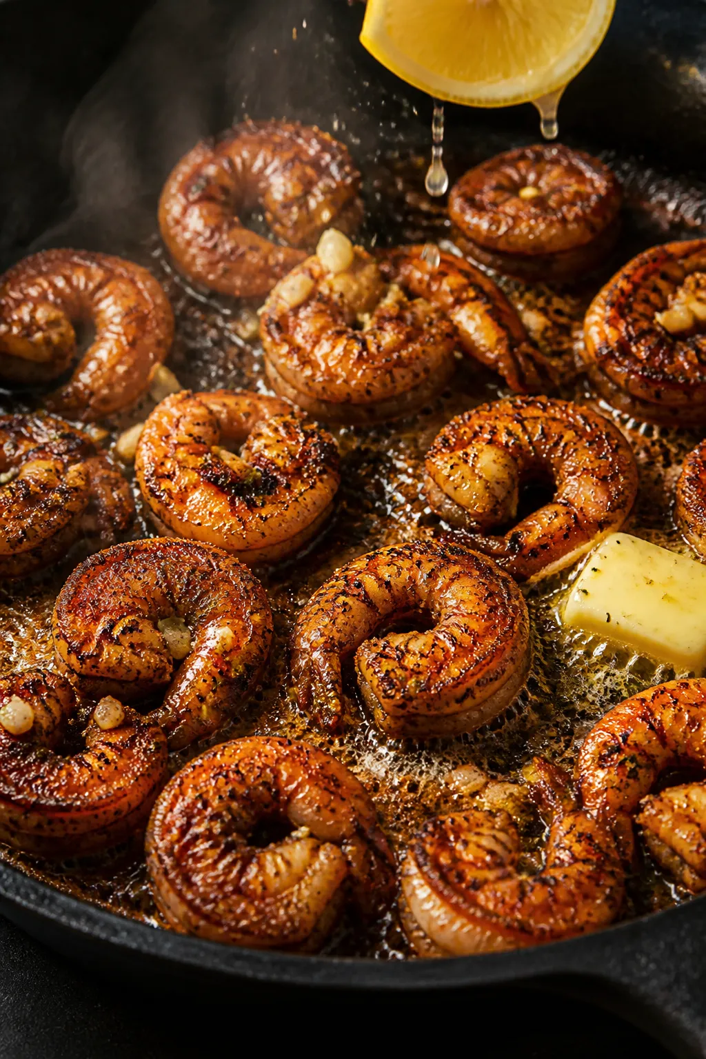 Cooking process close-up: Blackened shrimp sizzling in a hot cast-iron skillet, single even layer, d