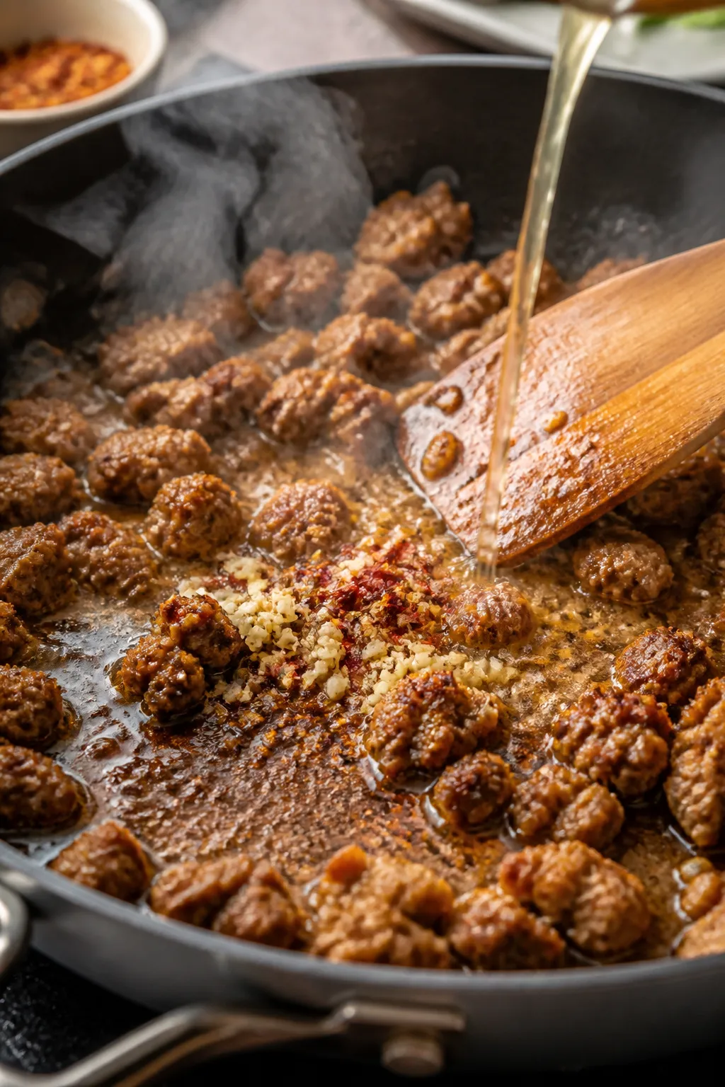 Cooking process close-up: Browned Italian sausage sizzling in a deep skillet as butter melts and min