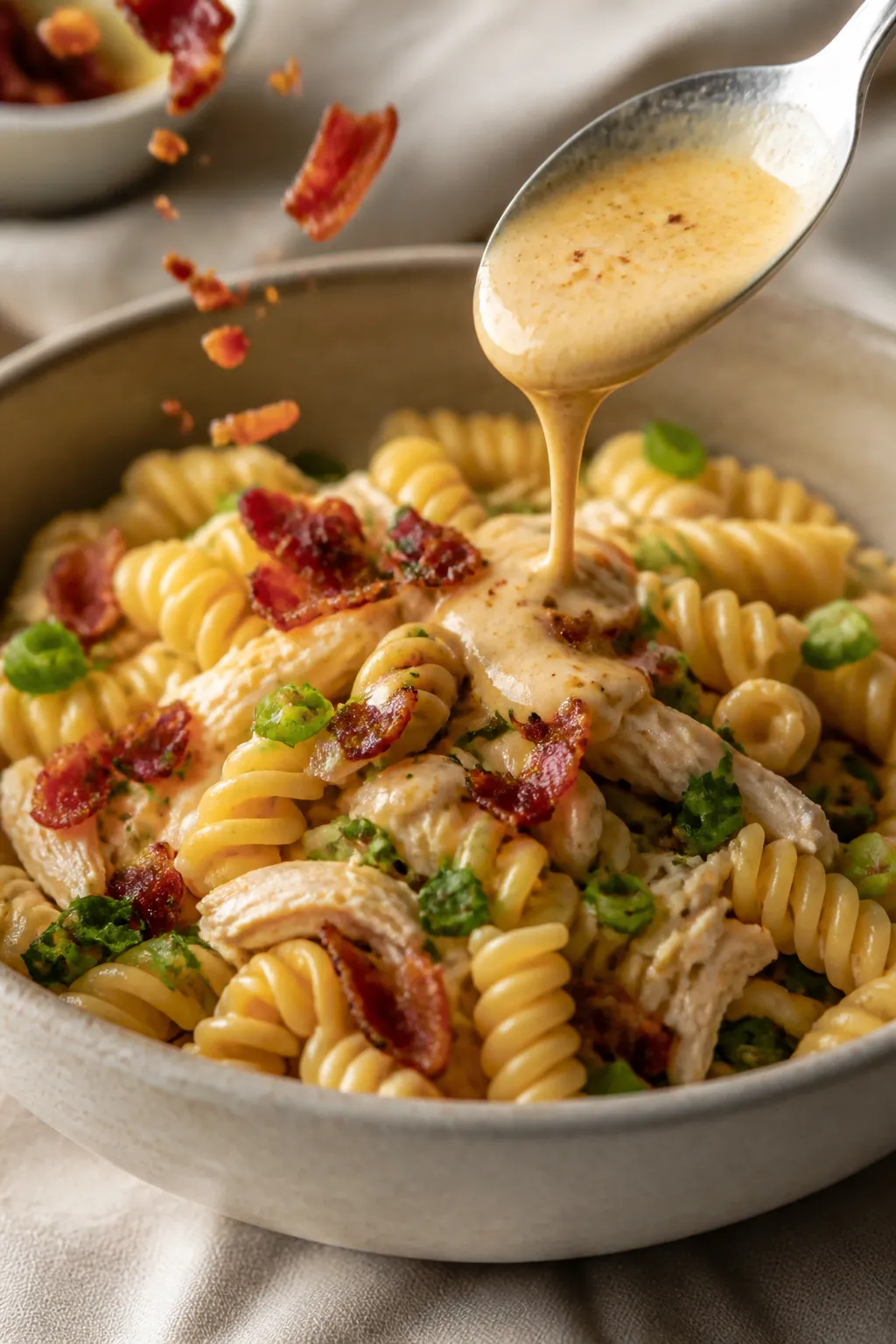 Cooking process close-up: Crisp bacon just out of the skillet being crumbled over a bowl of al dente