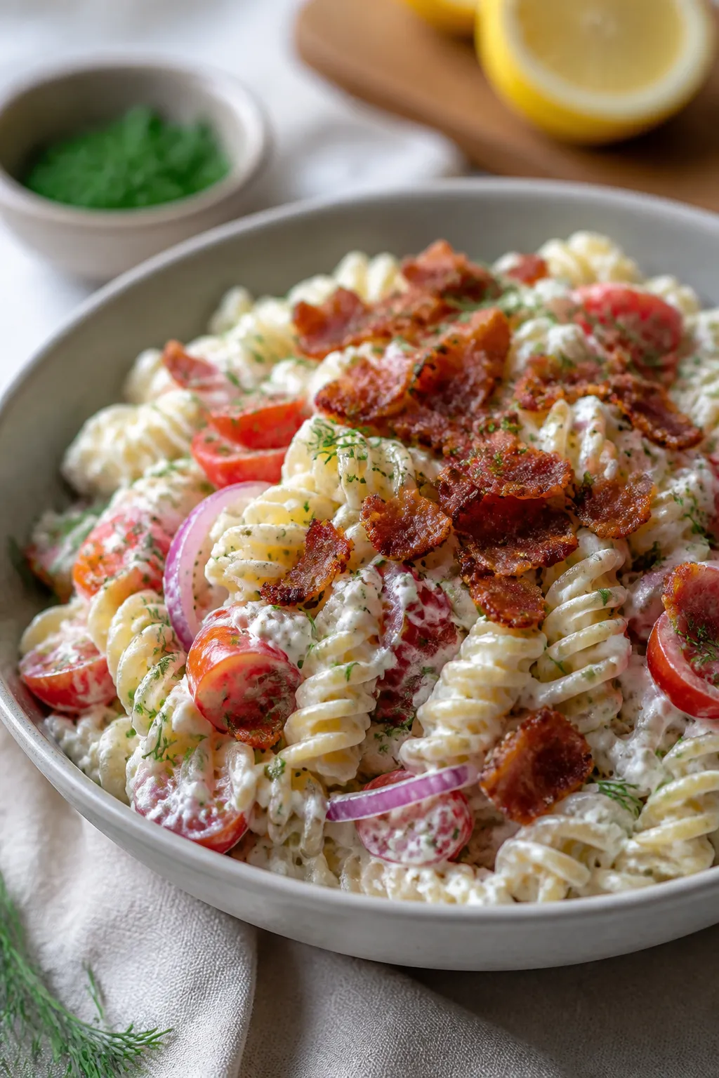 Cooking process close-up: Crisp bacon just out of the pan, crumbled and sprinkled over a bowl of al