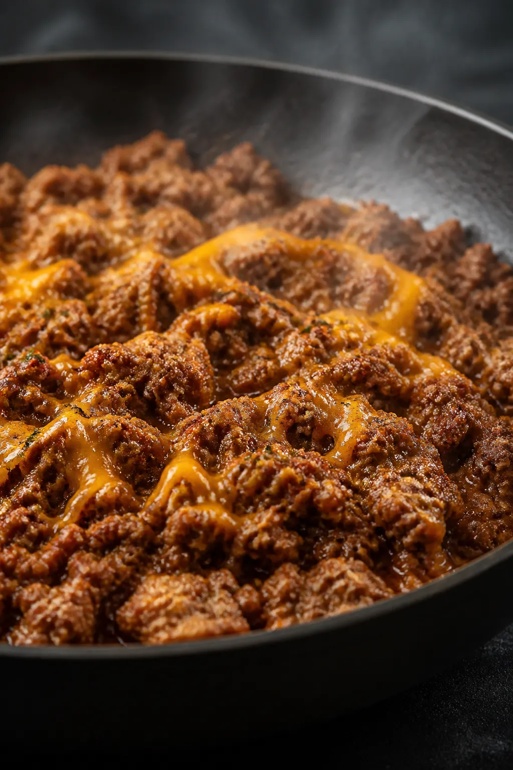 Cooking process, close-up: Crumbled seasoned lean ground beef sizzling in a large skillet, browned w