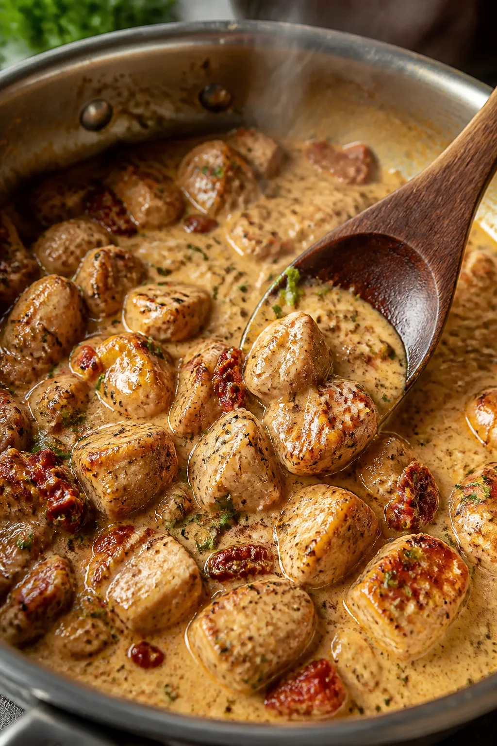 Cooking process close-up: Cubes of seared chicken in a stainless-steel skillet nestled in a creamy s