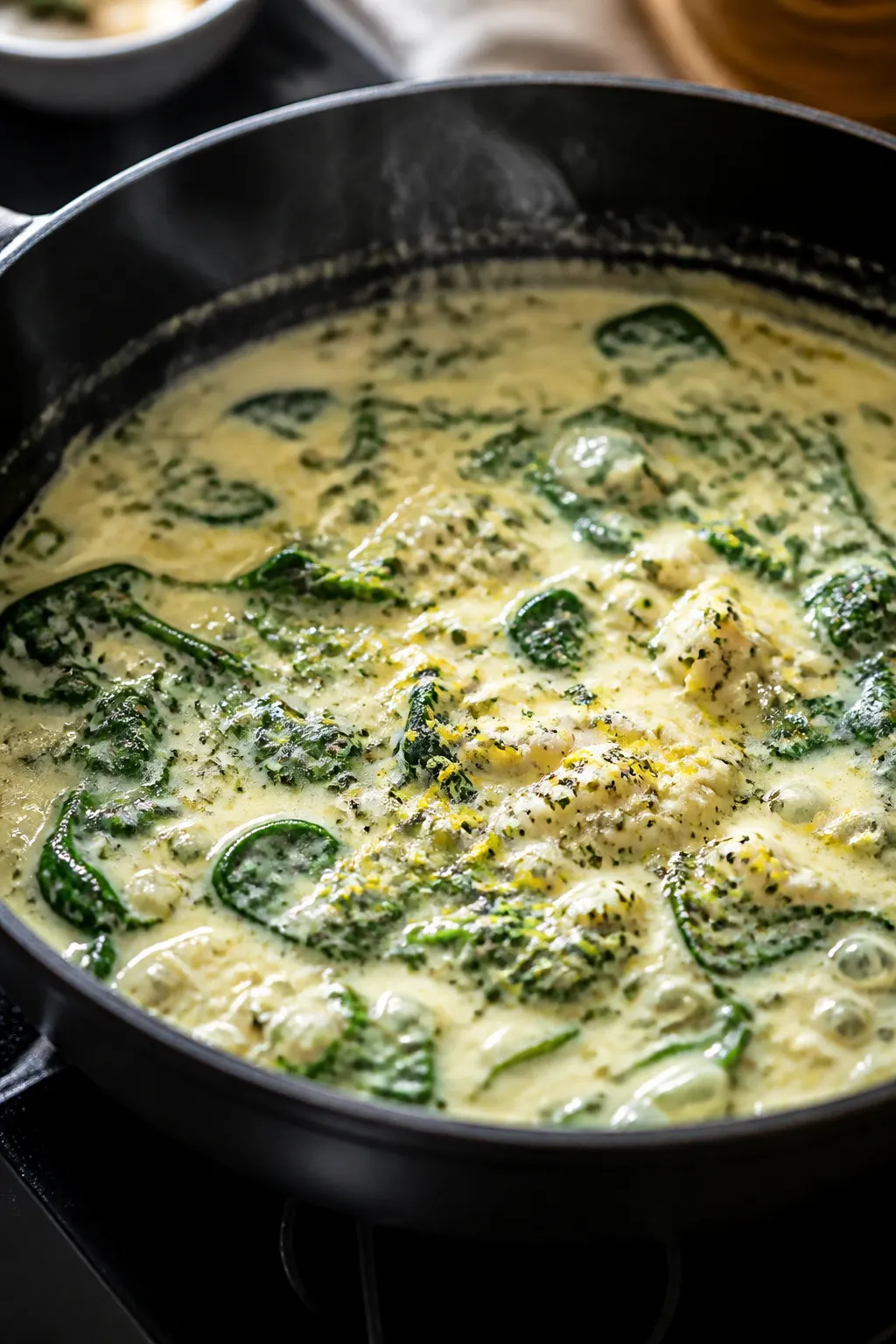 Cooking process, close-up detail: A bubbling skillet of creamy spinach-feta sauce with minced garlic