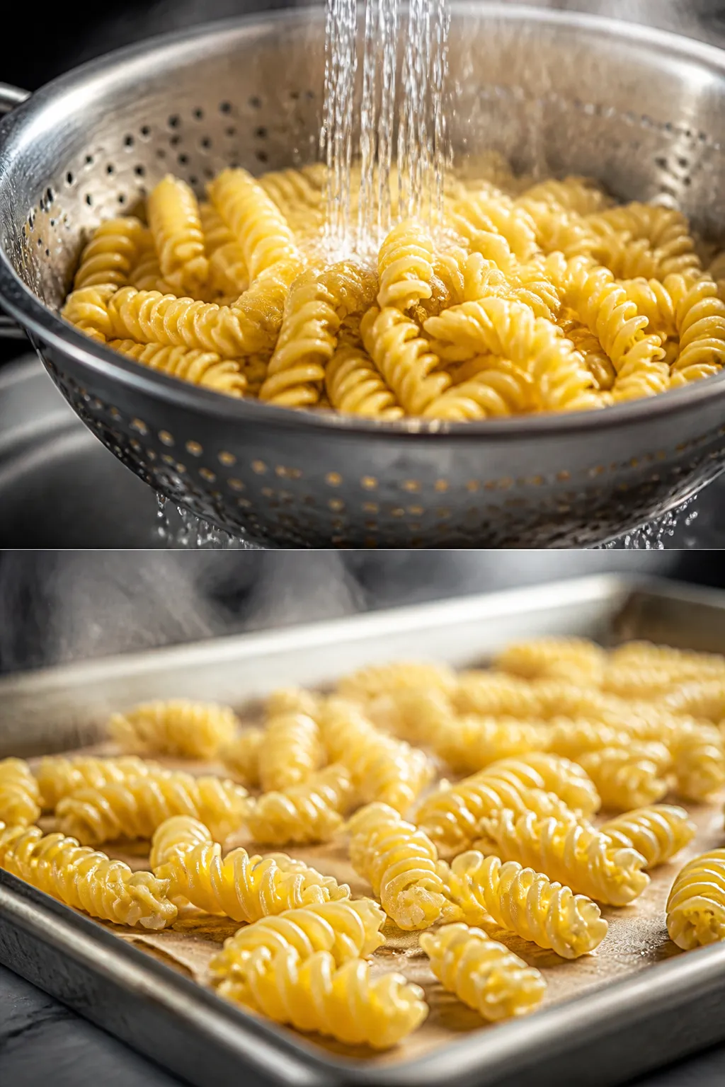 Cooking process, close-up detail: Al dente rotini being drained and quickly rinsed under cool water