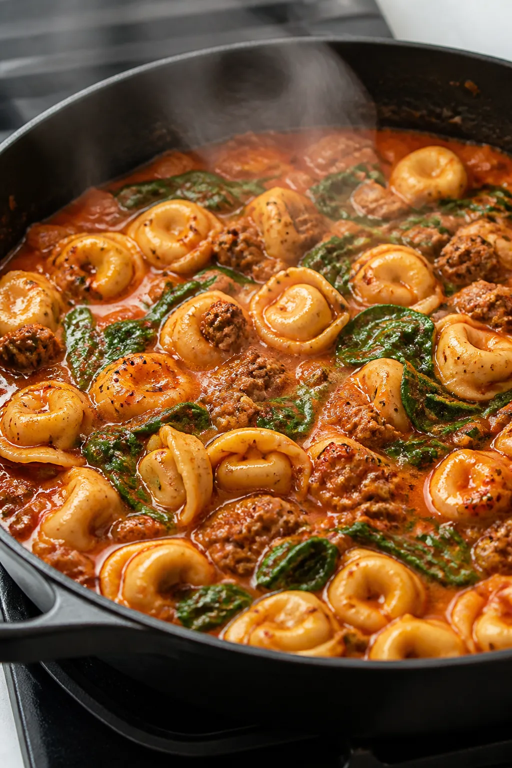 Cooking process, close-up detail: Close-up of beef tortellini skillet mid-simmer, showing browned cr