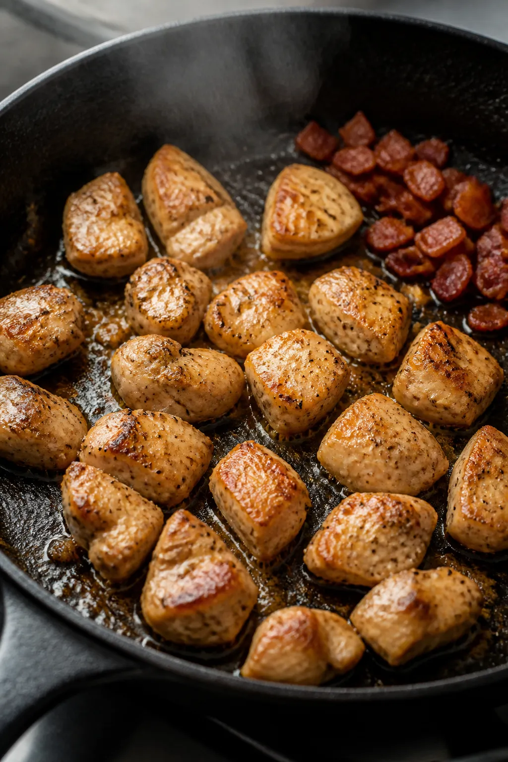Cooking process, close-up detail: Close-up of bite-size chicken pieces searing in a skillet until li