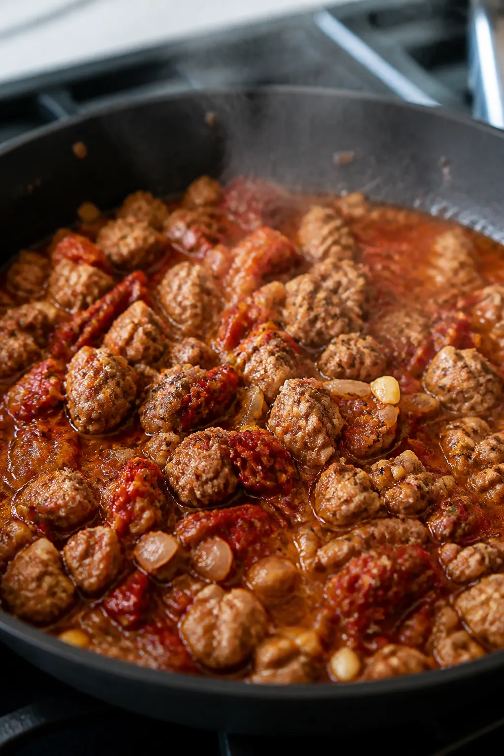 Cooking process, close-up detail: Close-up of browned Italian sausage crumbles simmering in a tomato