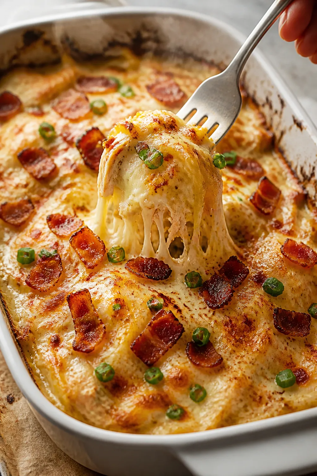 Cooking process, close-up detail: Close-up of golden, bubbling Crack Chicken Spaghetti Squash Casser