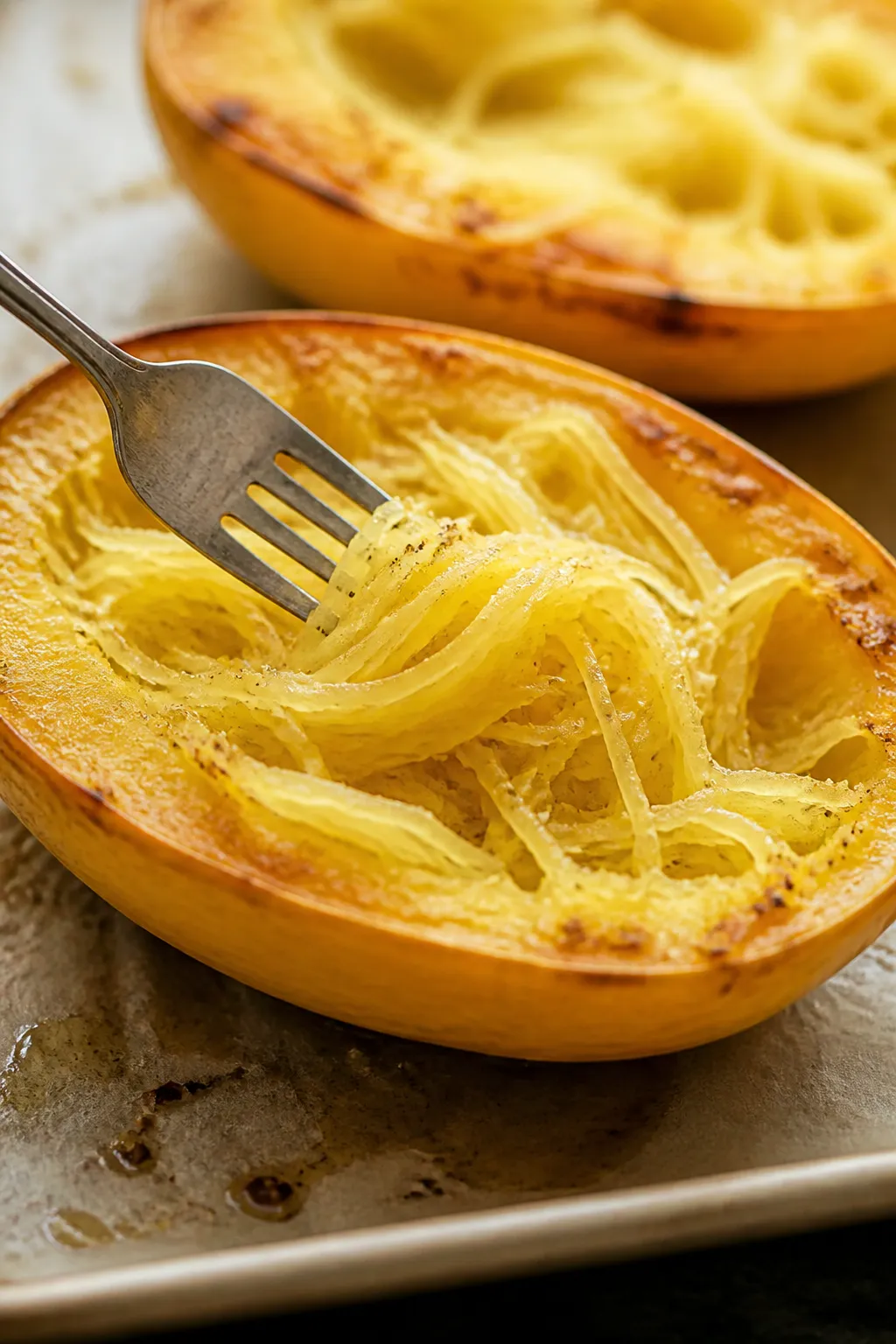 Cooking process, close-up detail: Close-up of halved roasted spaghetti squash just flipped cut-side