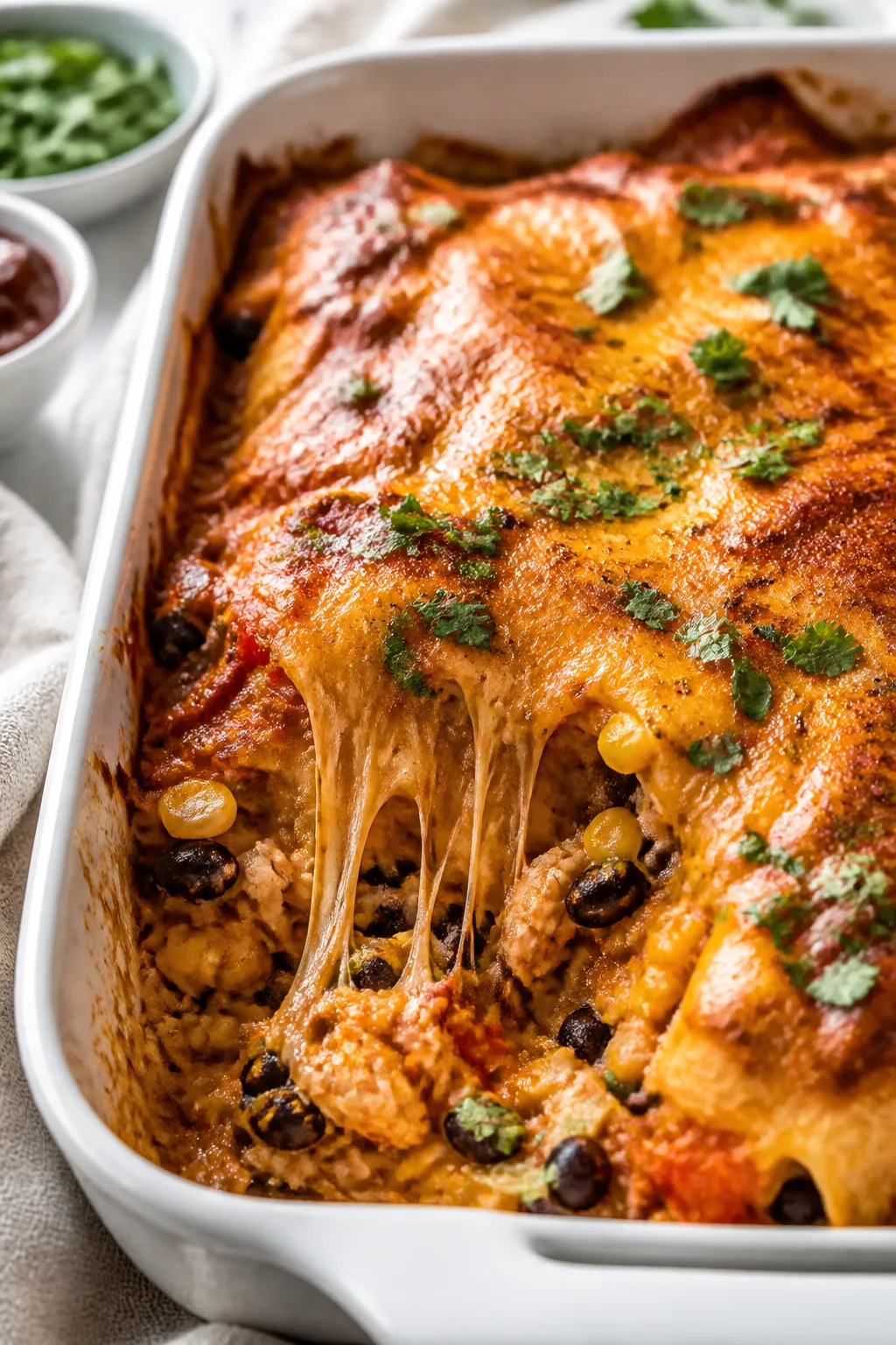 Cooking process, close-up detail: Golden, bubbling BBQ chicken casserole just pulled from the oven, 