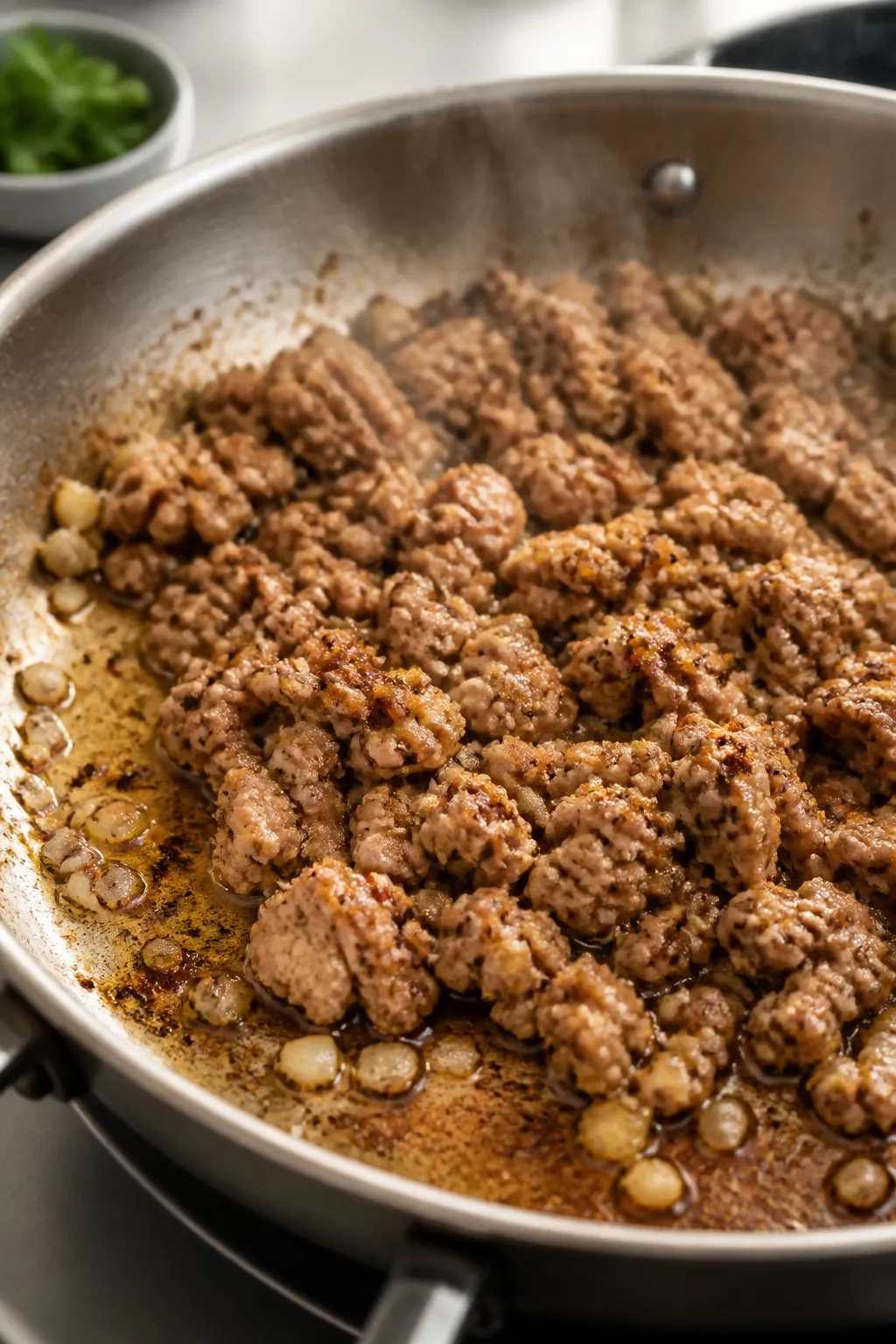 Cooking process, close-up detail: Ground turkey browning in a large 12-inch skillet with golden, car