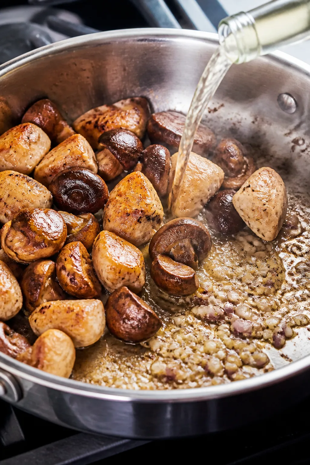 Cooking process, close-up detail: In-pan golden-browned cremini mushrooms and seared chicken bites n