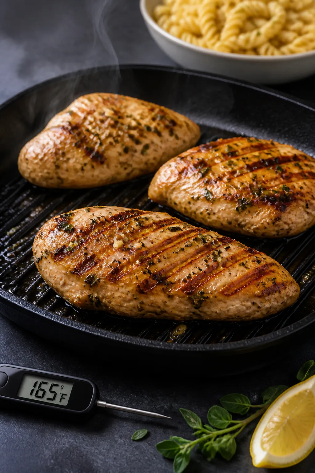 Cooking process, close-up detail: Juicy Greek-marinated chicken breasts sizzling on a preheated gril