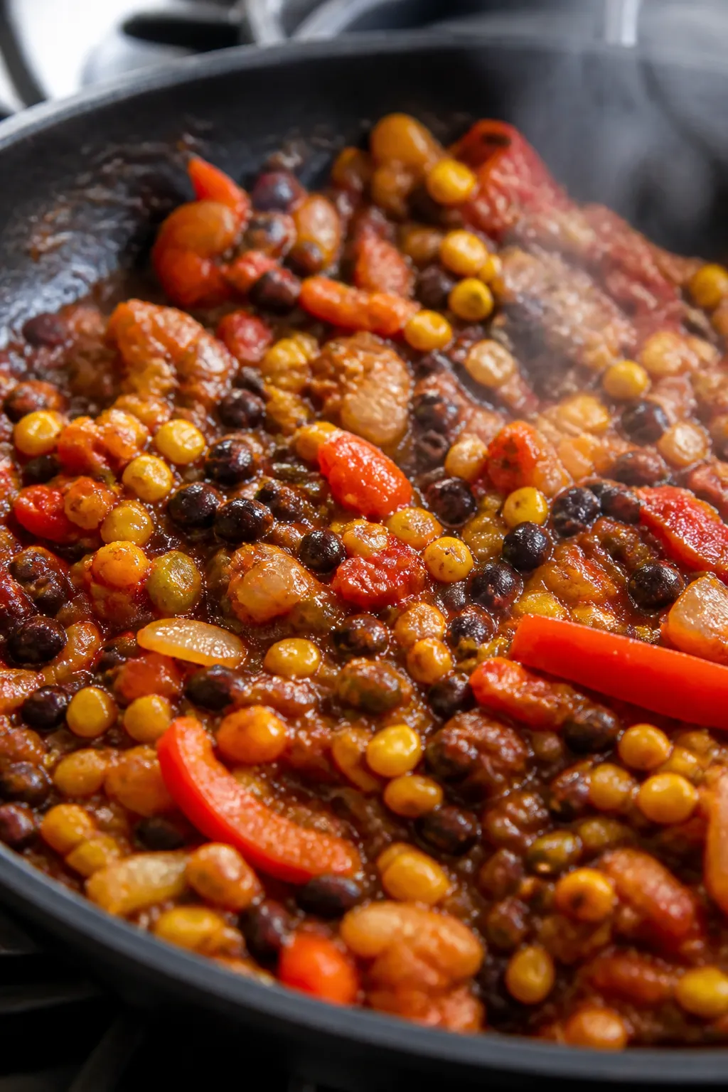 Cooking process, close-up detail: SautĂŠed onion and red bell pepper mixture coated in bloomed taco