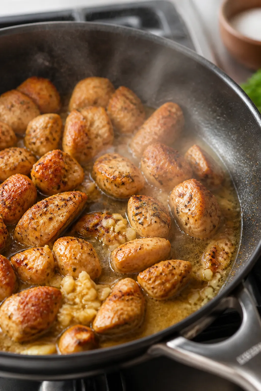 Cooking process, close-up detail: Searing bite-size chicken breast pieces in a deep skillet, golden-