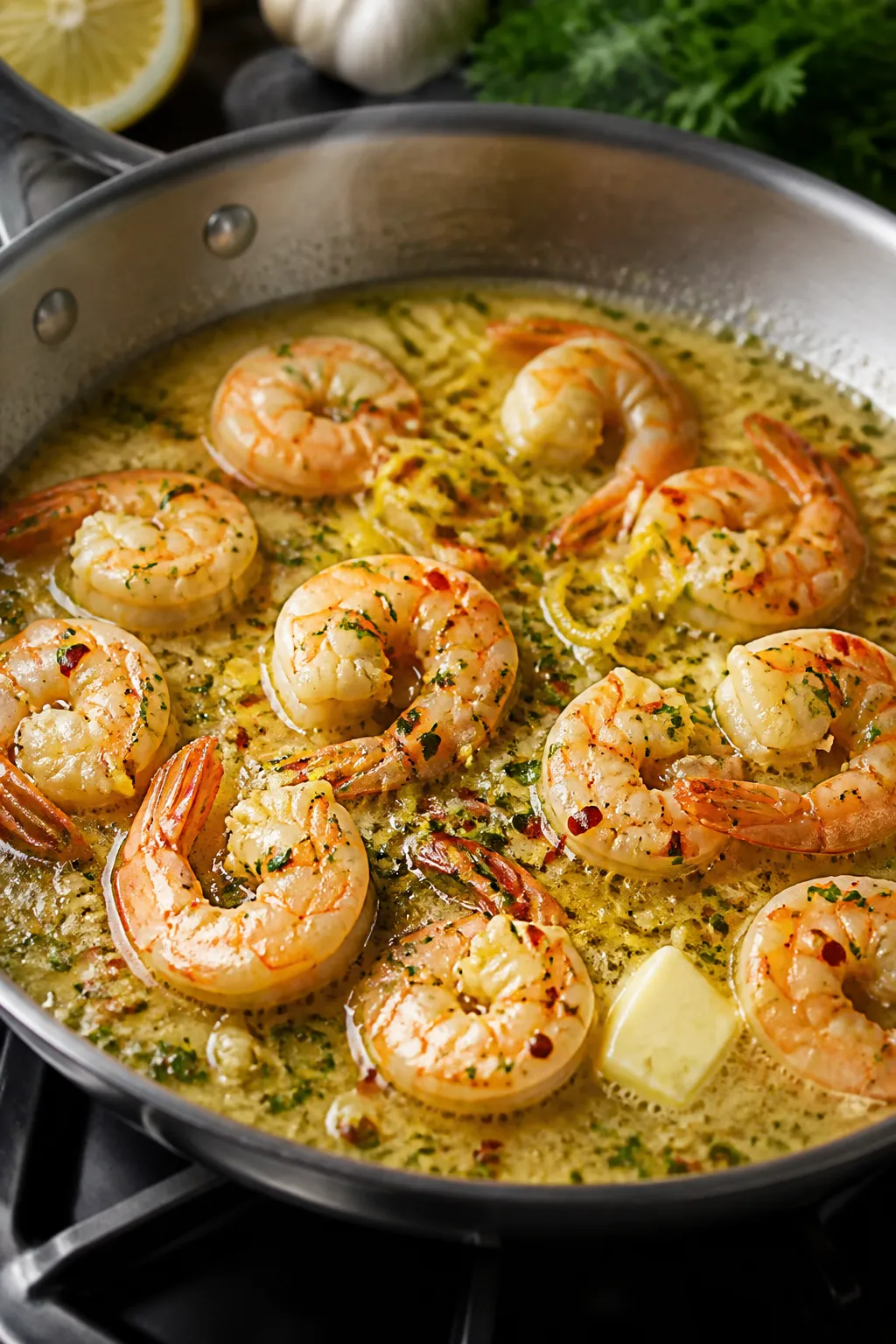 Cooking process, close-up detail: Shrimp scampi in a wide stainless-steel skillet mid-cook, plump pi